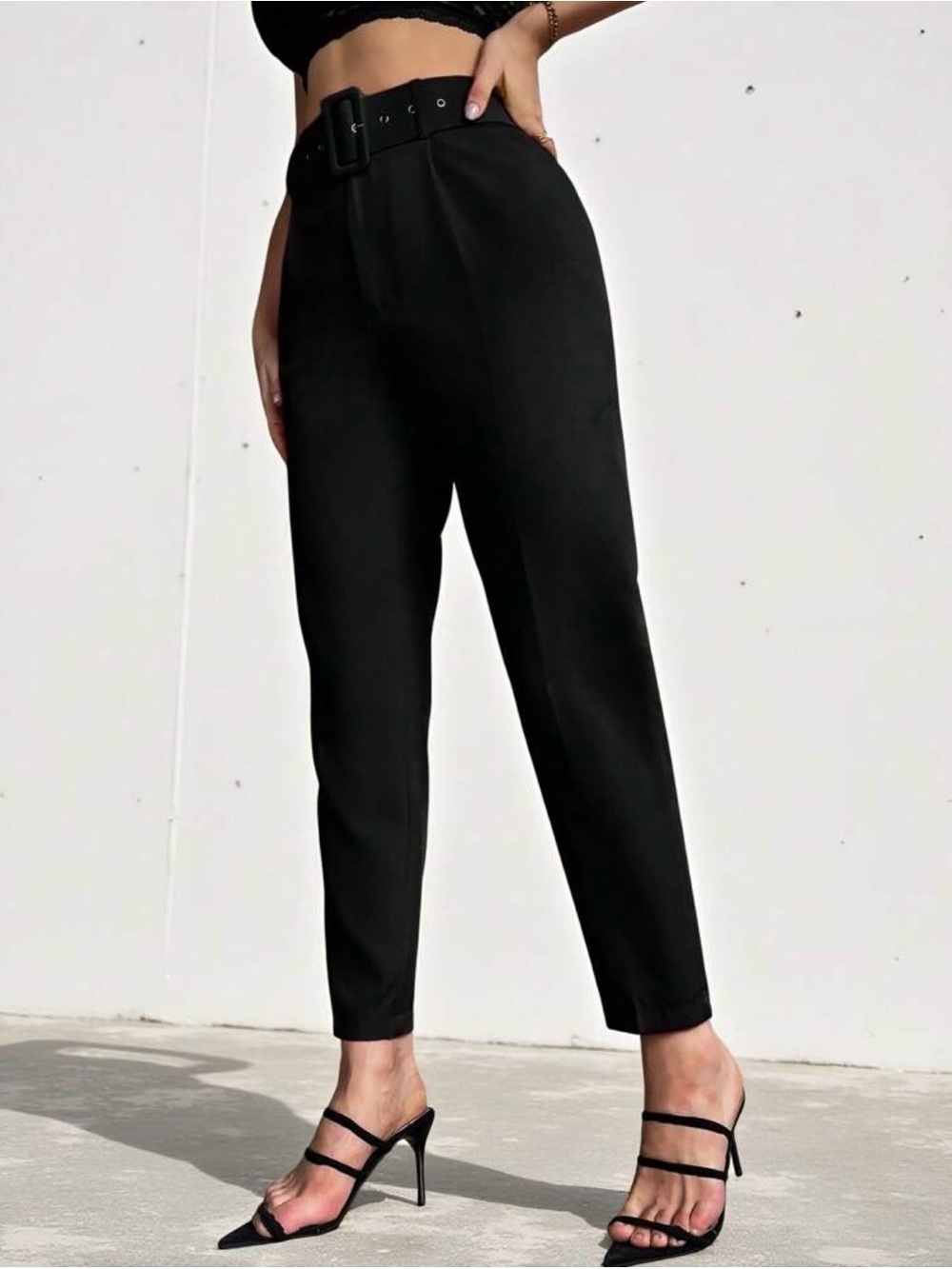 High-Waist Belted Black Tapered Pants